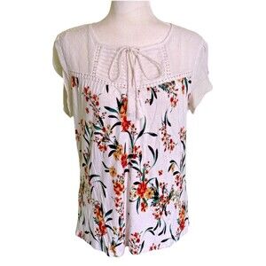 Women Floral Cottagecore Blouse Cream Boho Peasant Top Short Sleeve Size Medium